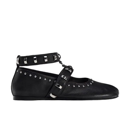 Genuine Leather Mary Jane Square Toe Snap Ballet Flat