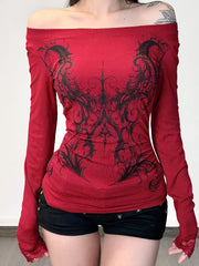 Vintage Gothic Off-shoulder Red Long-sleeve Knit Top