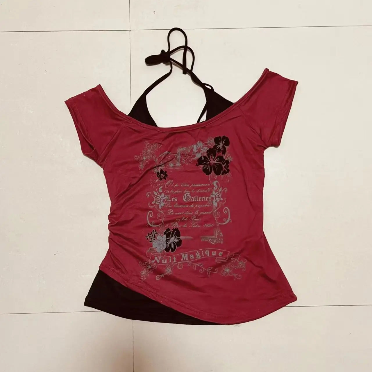 Gothic Print Fake Two-piece Black Crop Top