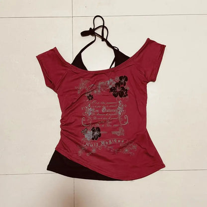 Gothic Print Fake Two-piece Black Crop Top