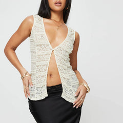 V-Neck Button Basic Lace Tank Crop Top