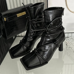 Cross-Strap Square Toe Punk Ankle Boot