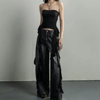 Asymmetrical Fringed Ruffle Black Crop Top