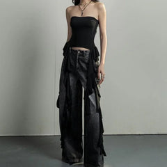 Asymmetrical Fringed Ruffle Black Crop Top