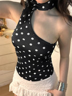 Off Shoulder Sleeveless Dot Print Mini Crop Top
