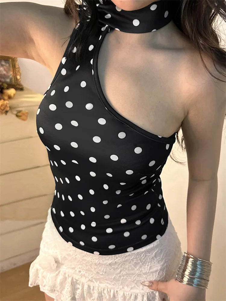 Off Shoulder Sleeveless Dot Print Mini Crop Top
