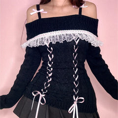 Y2k Cable Knit Ribbon Tie-up Off-shoulder Knit Top