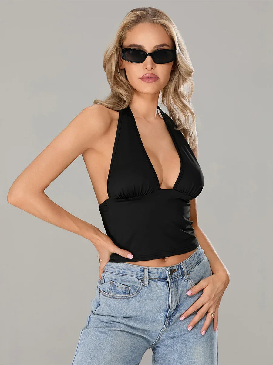 Leopard Print Halter Neck Backless Crop Top