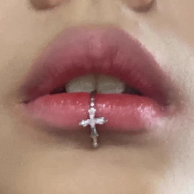 White Zirconia Cross Silver Punk Lip Stud Secondary image