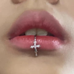White Zirconia Cross Silver Punk Lip Stud
