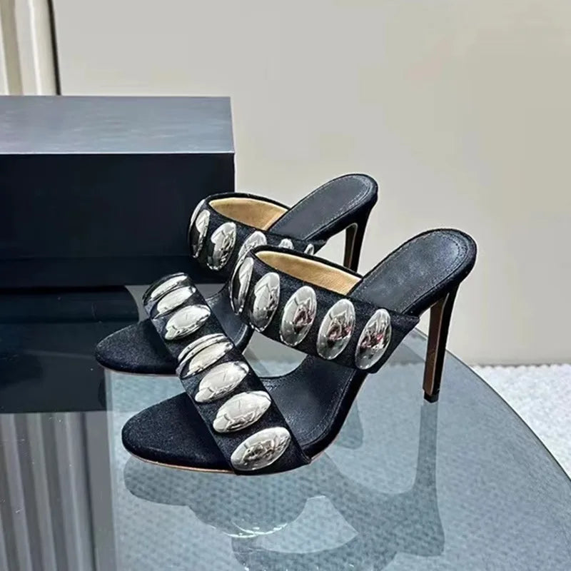 Metal Decor Gothic Suede Slippers High Heel