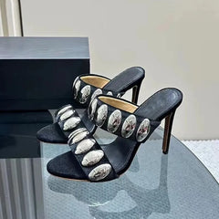 Metal Decor Gothic Suede Slippers High Heel