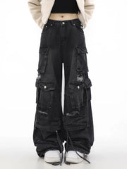 Retro Gothic Wide-Leg Black Denim Pant