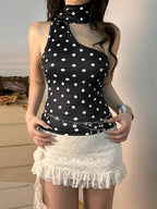 Off Shoulder Sleeveless Dot Print Mini Crop Top