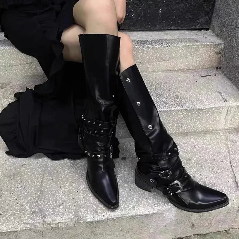 Black Punk Knee High Gothic Motorcycle Boot Main image