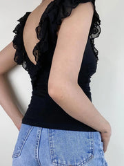 Elegant Slim Ruffles Deep V-Neck Crop Top