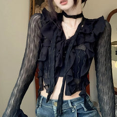 Sheer V-neck Flared Sleeve Blouse