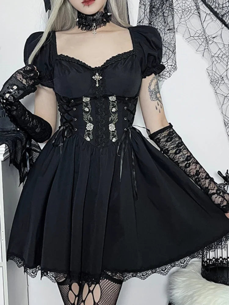 Black V Neck Lace Up High Waist Corset Mini Dress