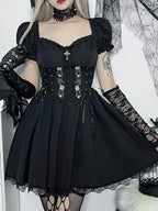 Black V Neck Lace Up High Waist Corset Mini Dress