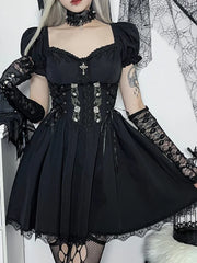 Black V Neck Lace Up High Waist Corset Mini Dress