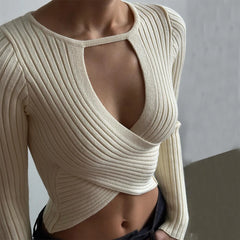Hollow Out Knit Long Sleeve Undershirt Crop Top