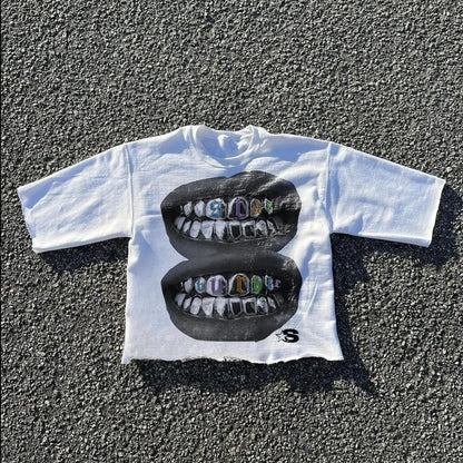 Y2K Lips Teeth Graphic Printed Cotton T-shirt