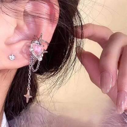 Pink Crystal Heart Star Tassel Clip Earring