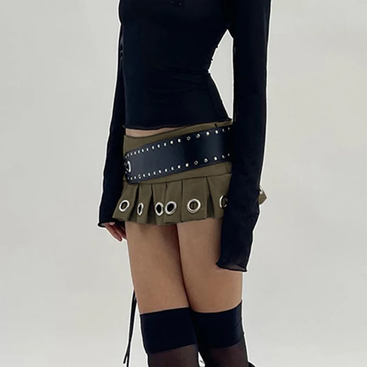 Low Rise Pleated Leather Skirt