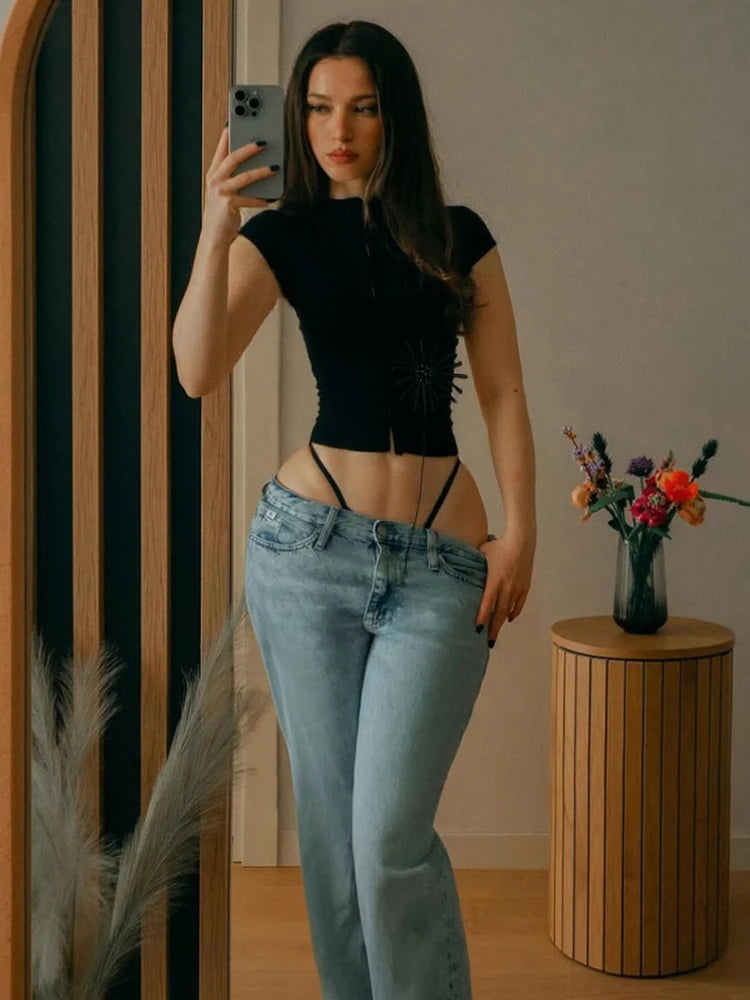 Tassel Applique Single-Breasted Half-High Neck Crop Top