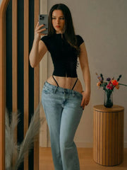 Tassel Applique Single-Breasted Half-High Neck Crop Top