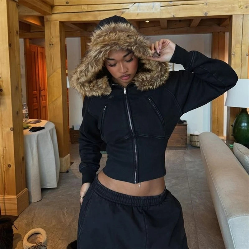 Faux Fur Trim Hooded Crop Jacket