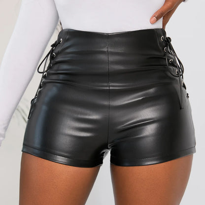 Black Lace-Up PU Leather Short