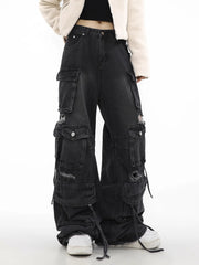 Retro Gothic Wide-Leg Black Denim Pant