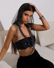Deep V Rhinestone Fishnet Hollow Crop Top