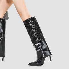 Runway Gothic Patent Leather Metal Buckle Knee-High Boot