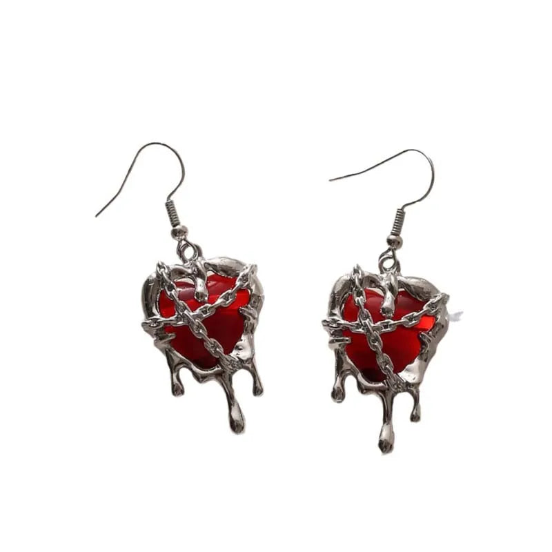 Gothic Red Crystal Lava Heart Pendant Earring