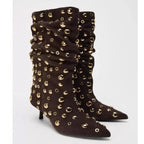 Sexy Rivet Pleated High Heel Pointed Gothic Boot