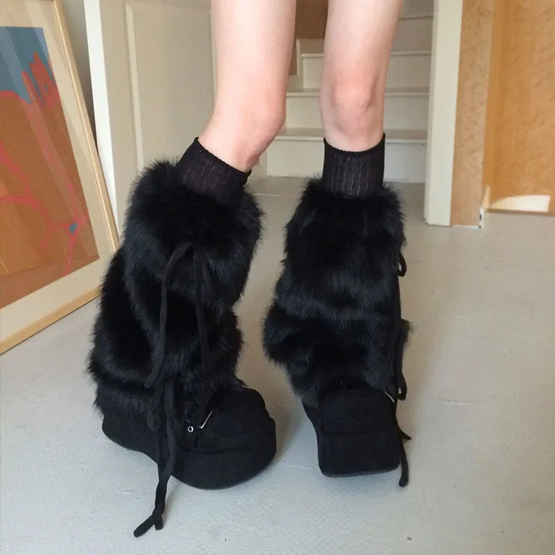 Gothic Bow Tie Rabbit Fur Leg Sock