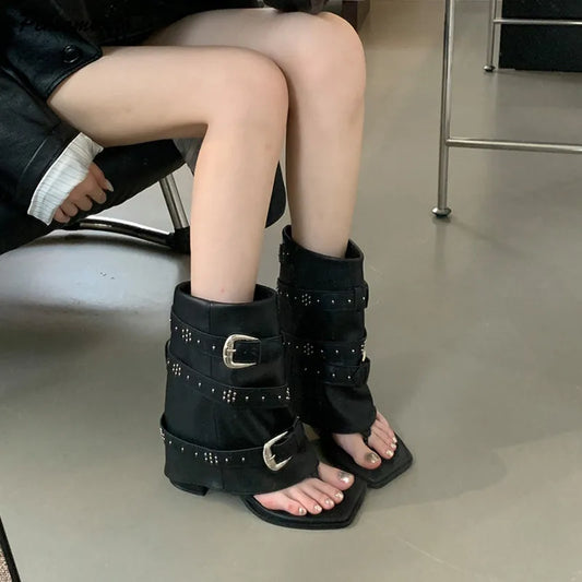 Gothic Wedge Ankle Boot with Metal Buckle