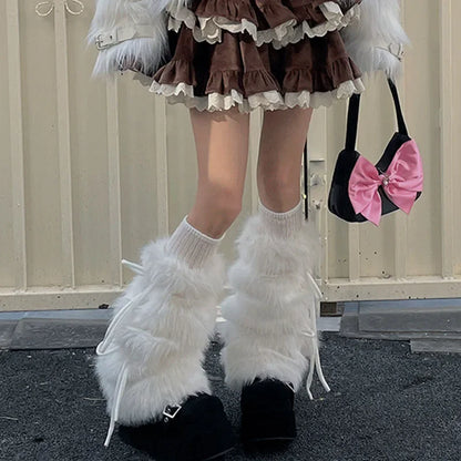 Gothic Bow Tie Rabbit Fur Leg Sock