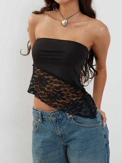 Skinny Off Shoulder Lace Floral Bandeau Crop Top
