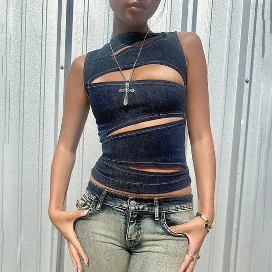 Solid Color Hollow Slim Vest Crop Top