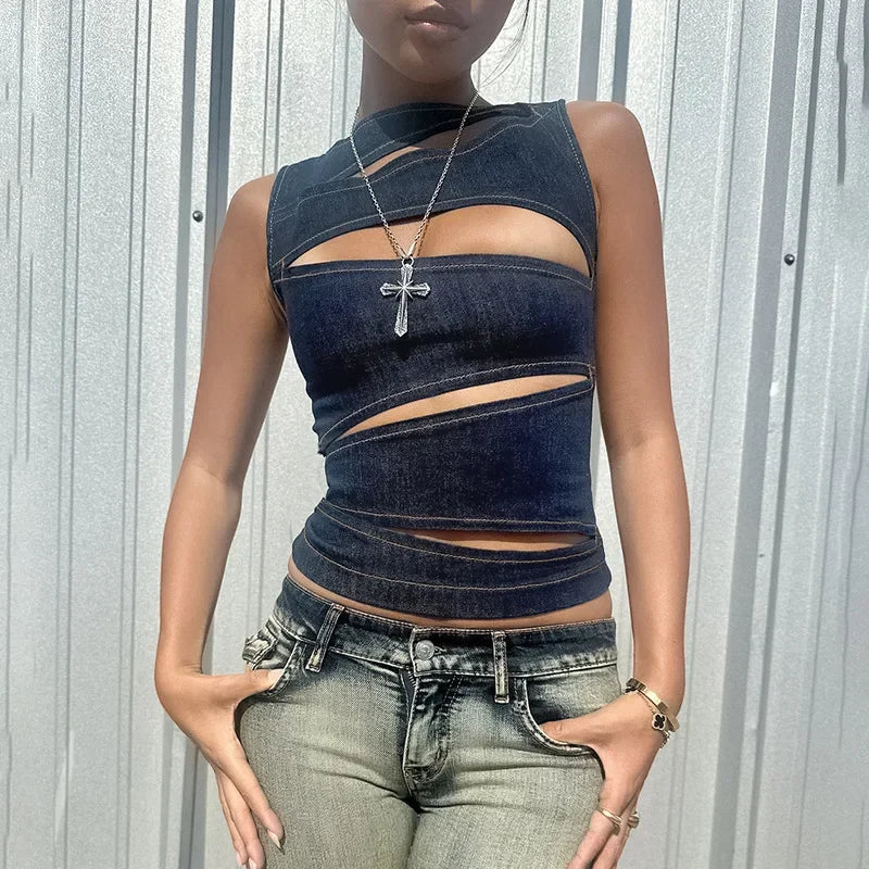 Solid Color Hollow Slim Vest Crop Top Main image