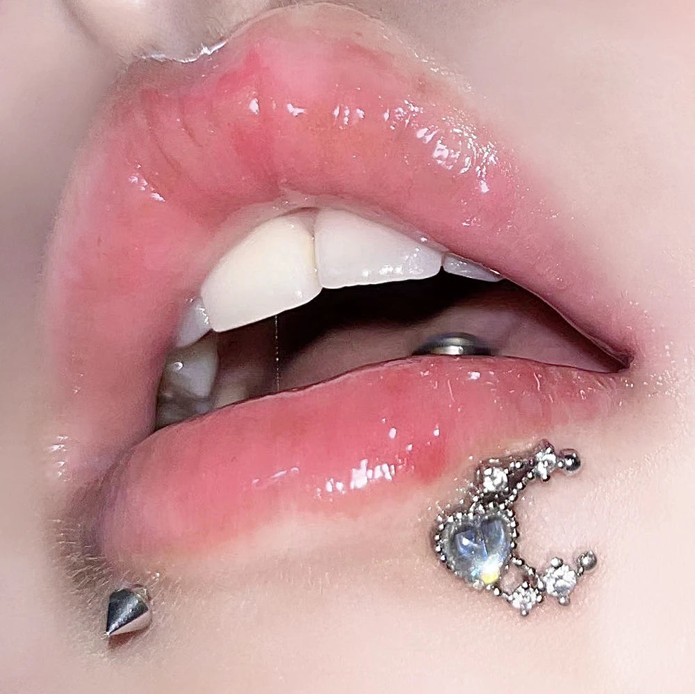 Zircon Heart Moon Shape Silver Steel Lip Stud Main image
