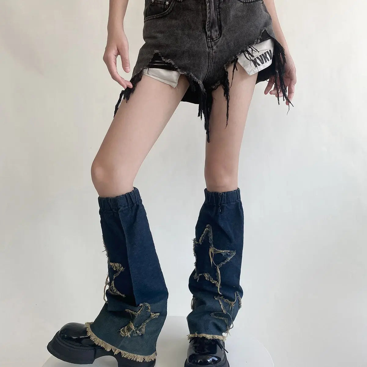 Gothic Star Strap Denim Cross Sock