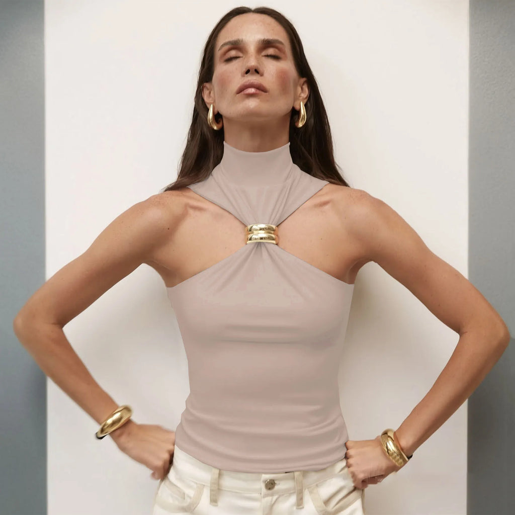 Metal Ring Knit Turtleneck Crop Top