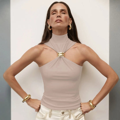 Metal Ring Knit Turtleneck Crop Top