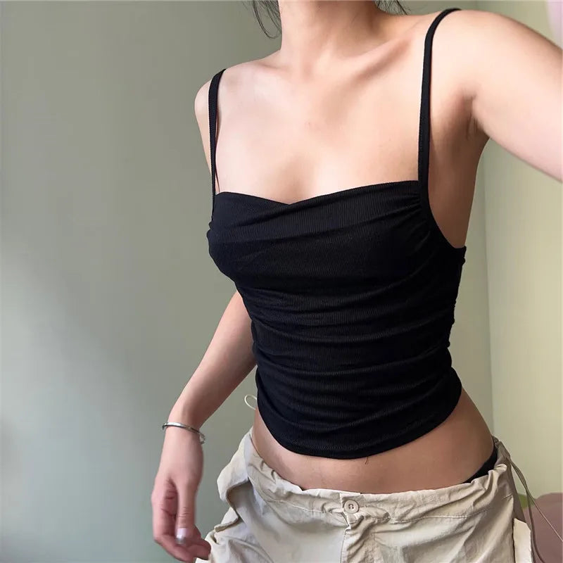 Spaghetti Straps Ruched Casual Backless Crop Top