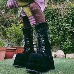 White Fur High Platform Chunky Heel Gothic Winter Boot