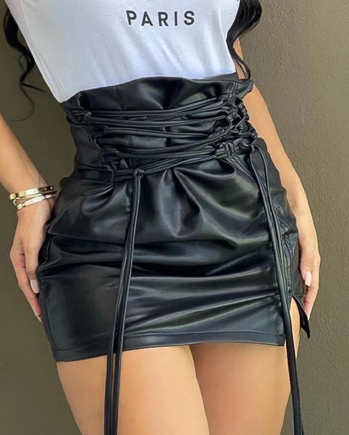 Lace-up PU Leather Mini Skirt